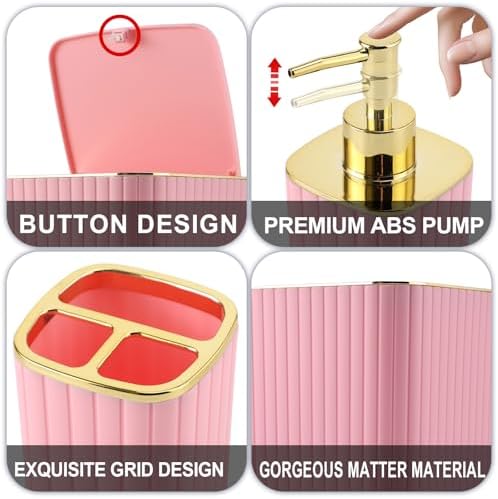 XLHOMO Pink Bathroom Accessories Set - Gorgeous Bathroom Set, 10PC Bathroom Accessory Set, Toilet Brush, Trash Can, Qtip Holder & Soap Dispenser