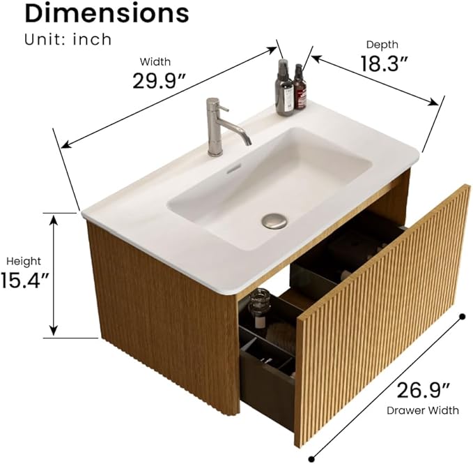 30 Inch Bathroom Vanity with Sink, Modern Floating Vanity with Push Open Drawer, Large Storage for Small Space, Apartment, Hotel, Natural Oak, Fully Assembled - Camellia Collection