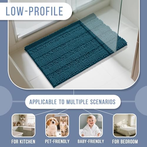 Yimobra Bathroom Rug Mat, Non Slip and Super Absorbent Bath Mat, Machine Washable Quick Dry, Ultra Plush Chenille Shower Rugs for Bathroom Floor Sink Tub and Shower Outside, Peacock Blue, 24 x 17