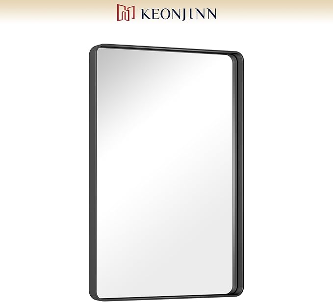 Keonjinn 20 x 30 Inch Black Bathroom Mirror, Tempered Glass Vanity Mirror | Sandblasted Finish, Matte Black Mirror, Anti-Rust, Seamless Aluminum Frame, Rounded Rectangle, French Cleat Mount, Home Décor