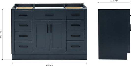 ARIEL Hepburn 48-inch Bathroom Vanity Base Cabinet,Solid Wood, 2 Soft Closing Doors, 9 Dovetail Drawers, Midnight Blue