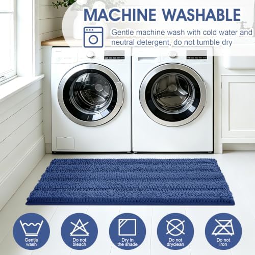 Striped Denim Blue Bathroom Rug Set 3 Pieces Ultra Soft, Non Slip Chenille Bath Carpet, Absorbent Plush Shaggy Bath Mats for Bathroom, Toilet, Bedroom, Kitchen
