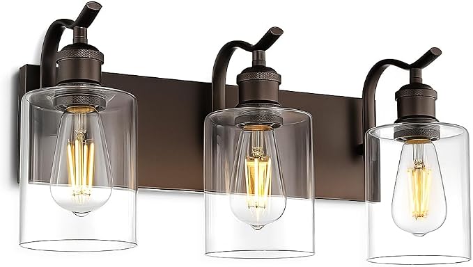 3-Light 20 Inch Bathroom Vanity Light,Clear Glass,Oil Rubbed Bronze | Over Mirror Wall Light,E26 sockets,for bathroom mirror,powder room,dressing area