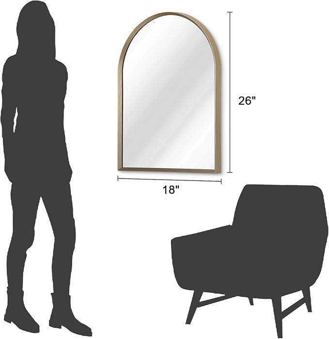 Bathroom Arched Wall Mirror Brushed Metal Vanity Wall Mounted Mirror for LivingRoom Bedroom Entryway Room Vanity Home Decor 26"x18"
