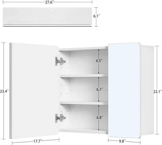 TEENFON Medicine Cabinet Mirror with 2 Doors, Mount or Recessed Bathroom Wall Cabinet, Bathroom Mirror with Storage 3 Adjustable Shelves, White, 27.6 x 22.1 inch