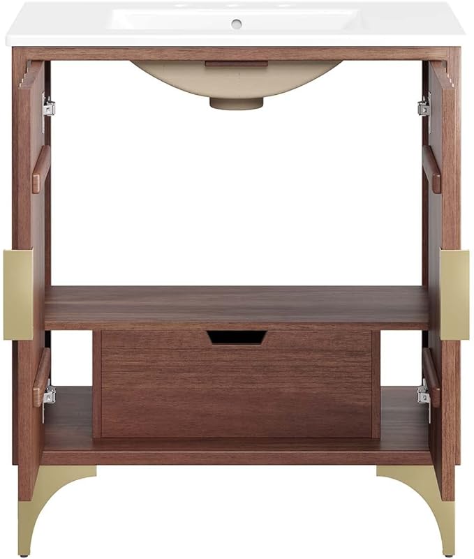 Modway Daylight Bathroom Vanity Cabinet with Ceramic Sink Basin, 30 Inch, White Walnut