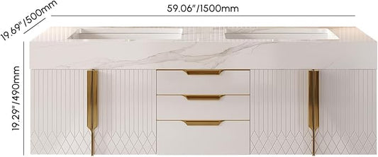 Bathroom Vanity with Sink, Modern Bathroom Vanity with Faux Marble Top, Gold Hardware & Soft-Close Drawers for Bathroom Storage (59.1 Inch, White, Double Sink & Floating)
