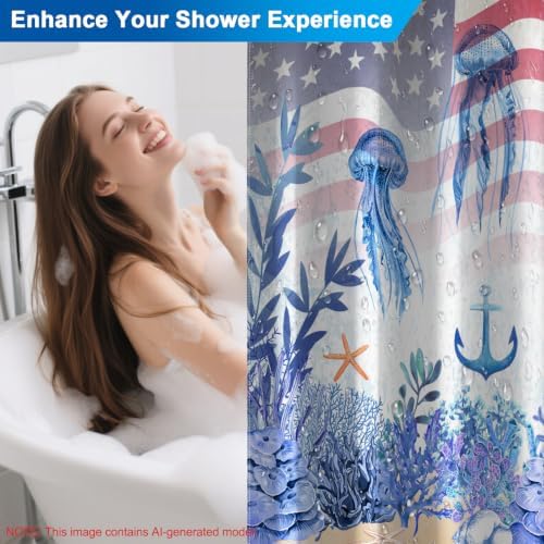 Machine Washable Underwater Jellyfish Ocean Shower Curtain with 12 Hooks
