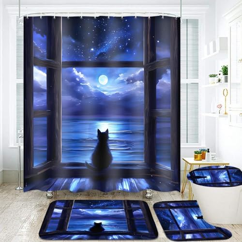 Yddsky 4Pcs Night Cat Bathroom Shower Curtain Sets for Bathtub,72x72 Inch