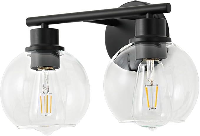 Bathroom Light Fixtures Over Mirror 2-Lights Bathroom Vanity Light with Clear Glass Shade 13.8 inch Modern Wall Sconce Black Vanity Lighting for Bath
