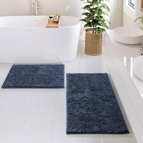 Hearth & Harbor Bathroom Rugs, Chenille Bath Mat - Machine Washable Bath Mats for Bathroom Non-Slip Backing Rubber, Quick Dry Mat. 17x24-20x32 - Blue