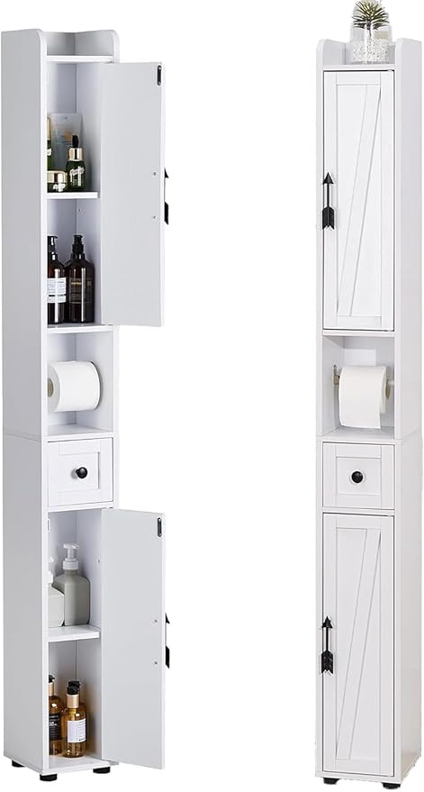 VECELO Storage Cabinet, 67" Tall Narrow Bathroom Cabinet with Adjustable Shelves, Toilet Paper Holder, 2 Magnetic Doors & Drawer, for Small Spaces, Pearl White