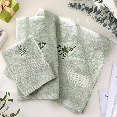3 Pcs Eucalyptus Leaves Bathroom Towel Set, Embroidered Decor