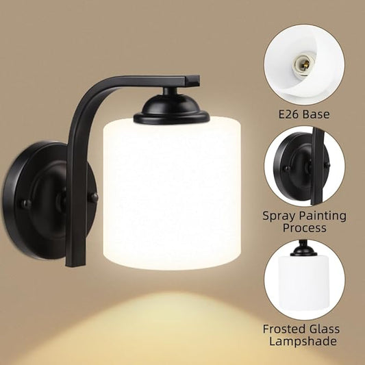 Wall Sconce 2-Light, Modern Wall Lighting Fixture, Bathroom Vanity Lights with Matte Black Wall Lamp for Mirror Bedroom Kitchen Hallway Porch, Milky White Glass Shades, E26 Socket, Bulbs Not Included