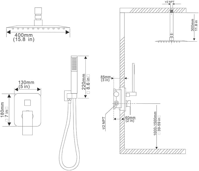 16 Inch Ceiling Mount Brushed Nickel Shower System Bathroom Luxury Rain Mixer Shower Combo Set Ceiling Rainfall Shower Head System (Contain Shower Faucet Rough-in Valve Body and Trim Kit)
