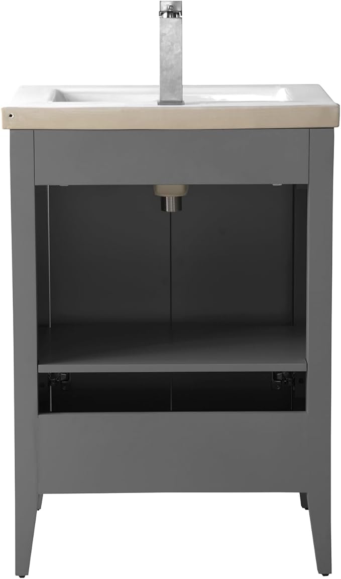 HOMEBEYOND 24" Bathroom Vanity with Ceramic Sink, Solid Wood Free-Standing Vanities Cabinet, Ceramic Top, Golden Brushed Handware & Soft Closing Door, Cashmere Gray