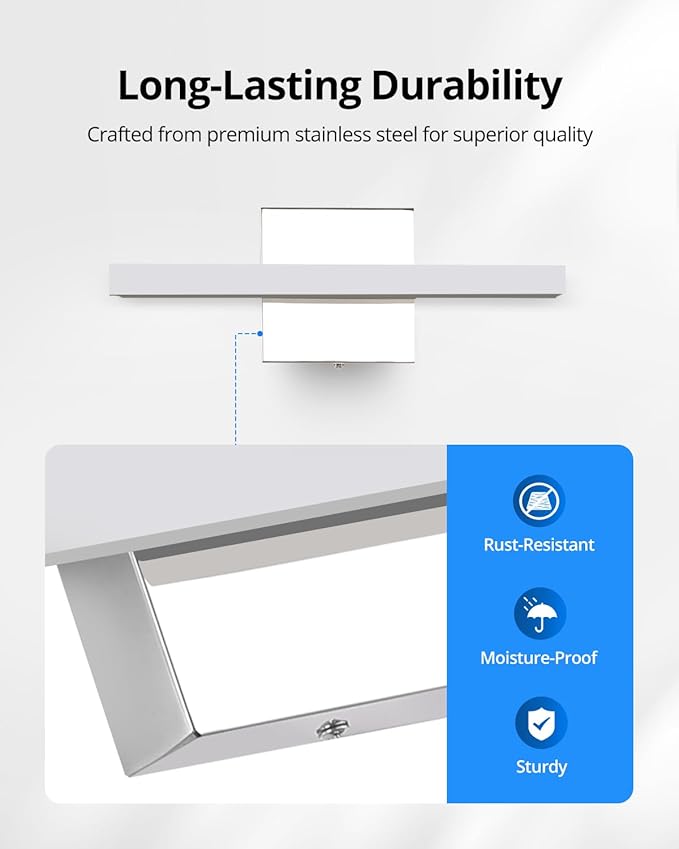 Dimmable Vanity Light Bar, 9W Over Mirror Lighting Fixture Wall Sconce Indoor, IP44 Modern Cool White 6000K Chrome Lamp Bathroom,16Inch