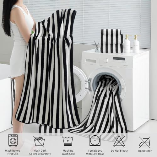 18 Pcs Black White Cabana Stripe Bath Towel Set with Hanging Loop-6 Bath Towels,6 Hand Towels,6 Washcloths Family Towels Set Bathroom Towel Highly Absorbent Quick Dry Shower Towel for Beach Spa Gym