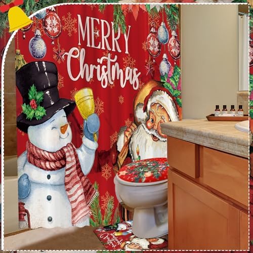FuWeave 8 Pcs Christmas Shower Curtain Set Bathroom Decor