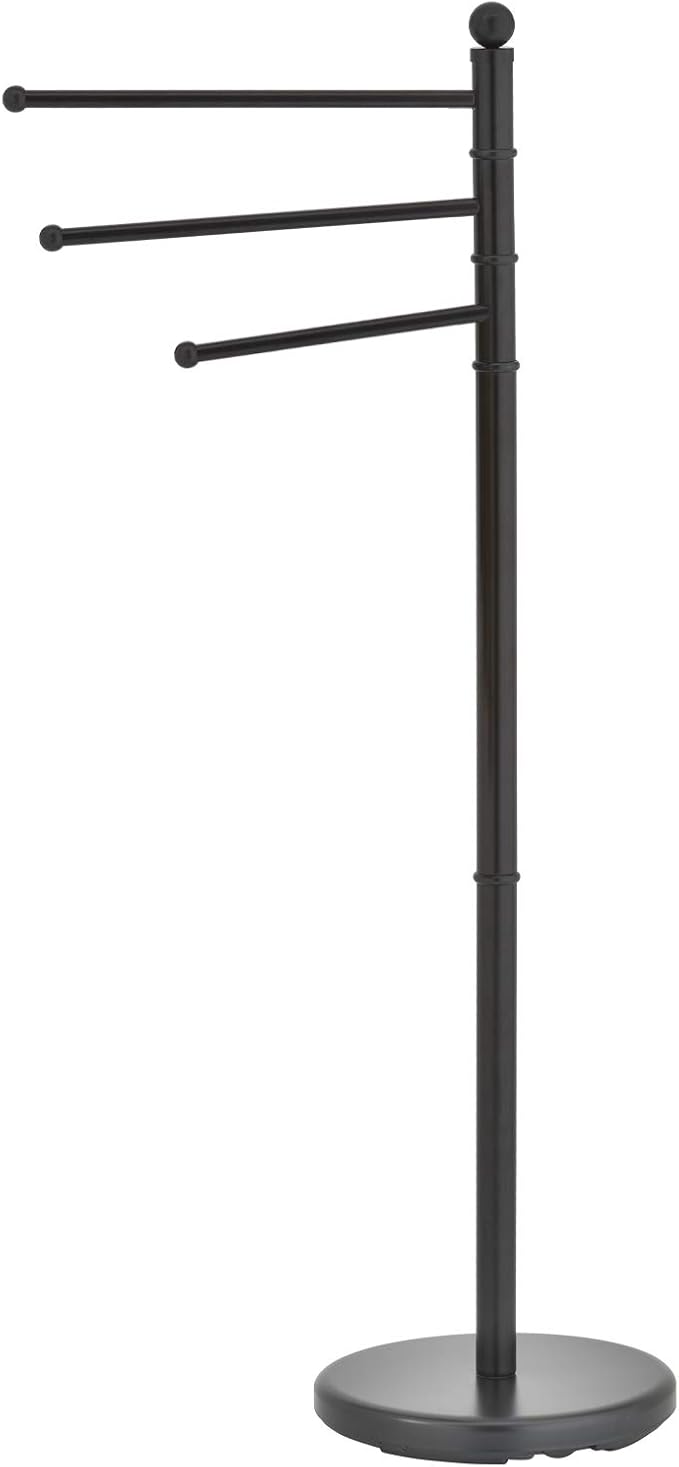 MyGift 40 Inch Black Metal Standing Towel Rack with 3 Swivel Arms | Freestanding Bathroom Towel Rack, Hanging Drying Rack for Home, Spa, Poolside