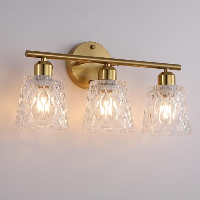 Brushed Gold Bathroom Vanity Light Over Mirror, 3-Light Stainless Steel Bathroom Fixture with Textured Glass Shades, Modern Wall Mount Vanity Lighting, E26 Sockets (Bulbs Not Included)