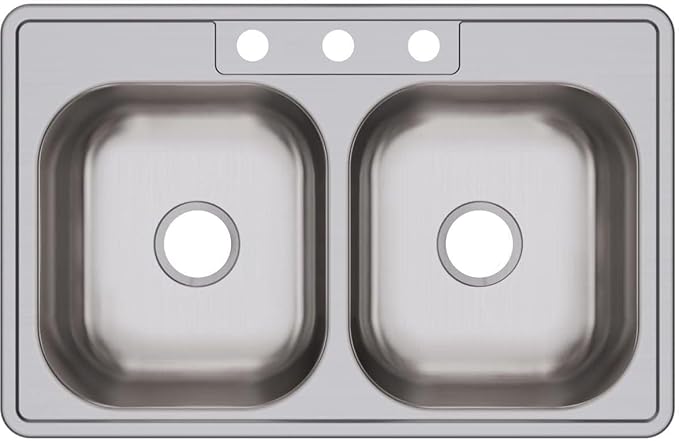 Dayton Stainless Steel 33" x 21-1/4" x 6-9/16", 2-Hole Equal Double Bowl Drop-in Sink