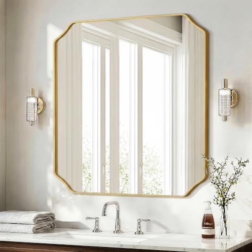 Delma Bathroom Vanity Mirror, Gold Framed Aluminum Bathroom Mirror for Over Sink, Scalloped Round Corner Wall Mirror, High-Definition Vanity Mirror, Hangs Horizontally or Vertically (36x30,Gold)