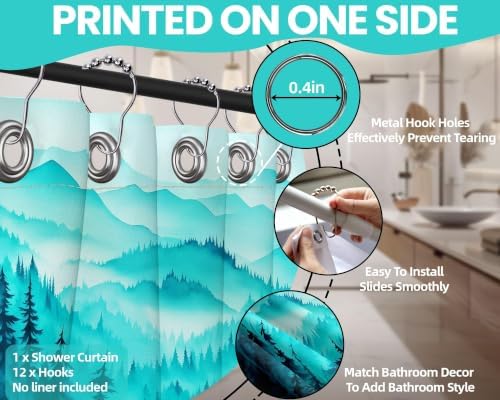 Dark Teal Forest Shower Curtain, 72x72 in, Mountain Rustic Pine Tree