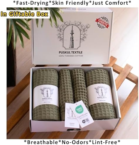 PÜSKÜL Natural 100% Turkish Cotton Waffle Towels Set of 4-Piece Khaki Green