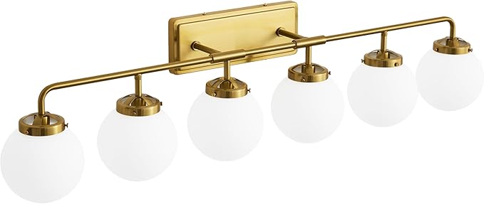 Bathroom Light Fixtures 45.3in 6-Light Brushed Gold Vanity Light for Mirror | Bathroom Lighting Fixtures over Mirror, ETL, Brushed Brass Wall Sconce, Dimmable E12 Base Max 60W, Milky Glass Ball Shades