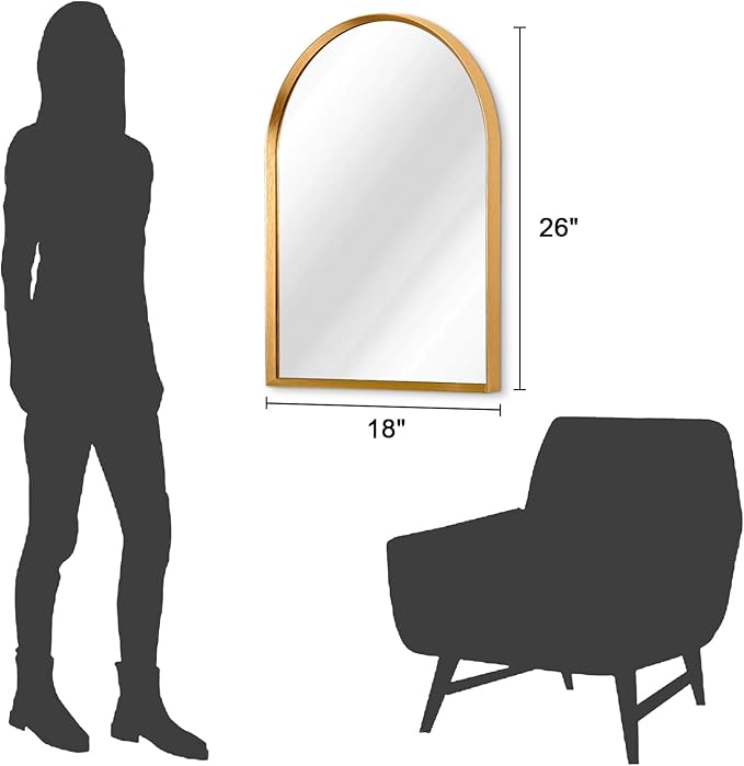 Arched Mirrors for Wall, White Bathroom Mirror Brushed Metal Vanity Wall Mounted Mirror for LivingRoom Bedroom Entryway Room Vanity Home Decor 26"x18"