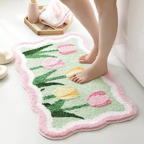 TRUEDAYS Tulips Floral Bathroom Rug, Cute Bath Mat for Bathroom, 32”x20”