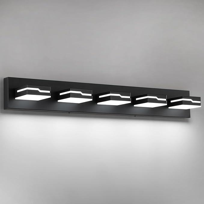 LED Modern Bathroom Vanity Light Fixtures 5-Light, 32 inch Dimmable Matte Black Vanity Lights for Bathroom Lighting Fixtures Over Mirror, with 350°Rotatable Acrylic Heads(White Light 5500K)