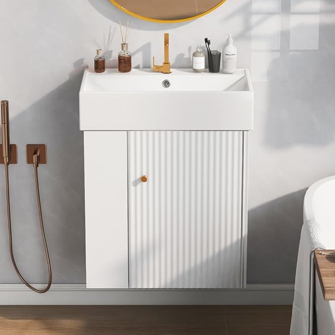 22" Small Bathroom Vanity with Sink, Floating Vanity for Bathrooms with Soft-Close Door and Open Shelf, Wall Mounted Narrow Bathroom Vanities for Compact Bathrooms (White,22" Floating Left Shelf)