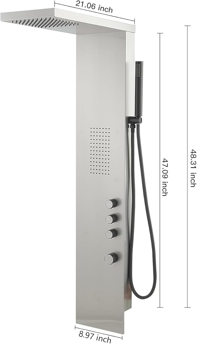 BWE Stainless Steel Shower Panel Tower System - 3 IN 1 Brushed Nickel Shower Panel - Rainfall Shower Head and Handheld with Massage Body Jets - Wall Mount