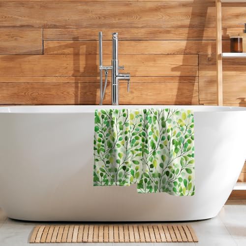 Boho Green Leaves Hand Towels 14x28 Inch 2Pcs Set Cute Botanic Leaf Floral Polyester Soft Fingertip Tea Towel Absorbent Dish Cloth for Bathroom Kitchen Hotel Spa Home Decor