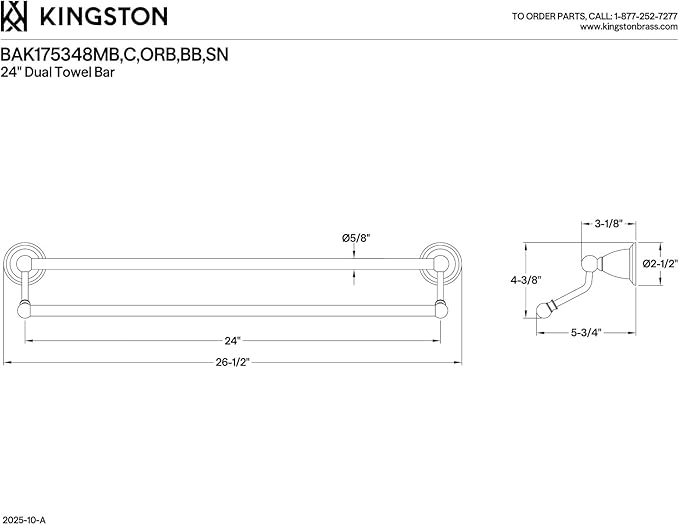 Kingston Brass BAK175348BB Heritage 3-Piece 24-Inch Dual Towel Bar Bathroom Accessory Set in Brushed Brass