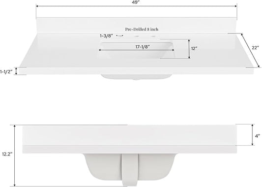 ARIEL 49 inch Bathroom Vanity top with Sink, 1.5 Inch Thick Miter Edge White Quartz top, Rectangle Single Porcelain Sink, Includes Backsplash