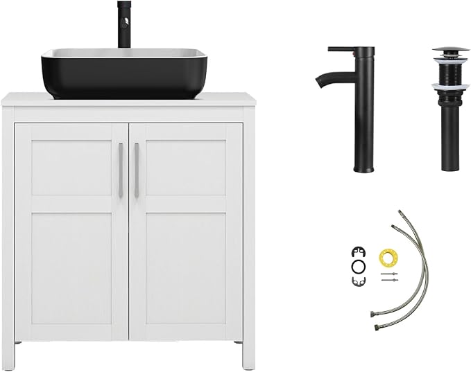 YOURLITE 30" Bathroom Vanity with Sink, White Bathroom Vanity with Faucet & Pop Up Drain Set,Traditional Vanity with with White & Black Ceramic Sink