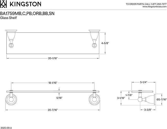 Kingston Brass BA1759BB Heritage Bathroom Glass Shelf, Brushed Brass 20.44 x 5.25 x 3.06