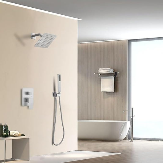 Shower System Brushed Nickel Bathroom Rainfall Shower Faucet Set Complete Wall Mounted 6 Inch Shower Head and Handle Set with Rough-in Valve Body and Trim Kit