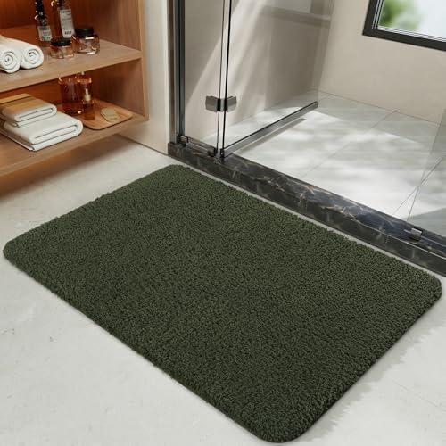 LOCHAS Bathroom Rugs 24x17 Inch, Microfiber Bath Rug Non Slip, Olive Green