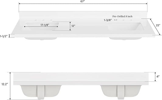 ARIEL 67 inch Double Bathroom Vanity top with Sink, 1.5 Inch Thick Miter Edge White Quartz top, Rectangle Double Sink Vanity top, Includes Backsplash