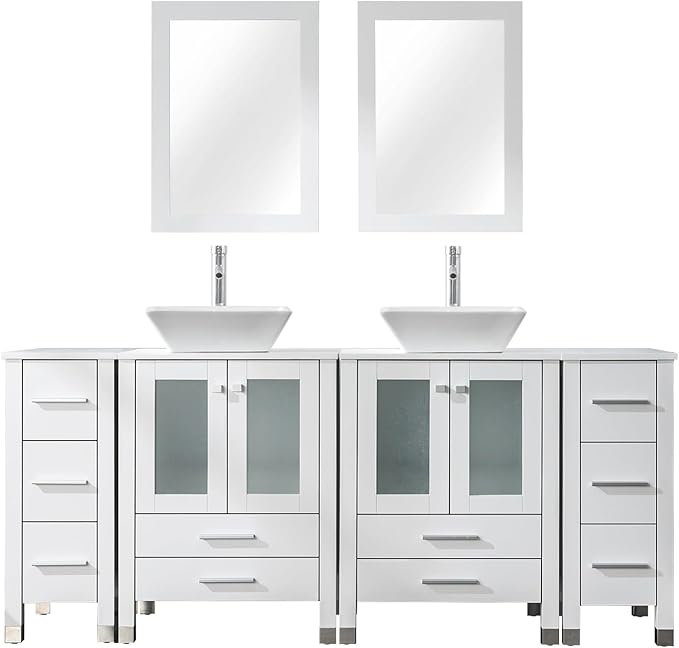 LUCKWIND 72" Double 24-in Bathroom Vanity with Sink Combo, Elegant Series with Two 12.6-in Side Cabinets, Painted Frame, Including White Square Sinks, Faucets Without Mirrors, White