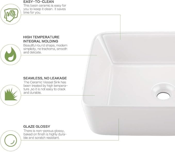 19 Inch White Vessel Sink with Faucet and Drain Combo,19x15 Bathroom Sink Rectangular Above Counter Porcelain Ceramic Bathroom White Toilet Sink Hand Wash Vessel Vanity Sink Art Basin