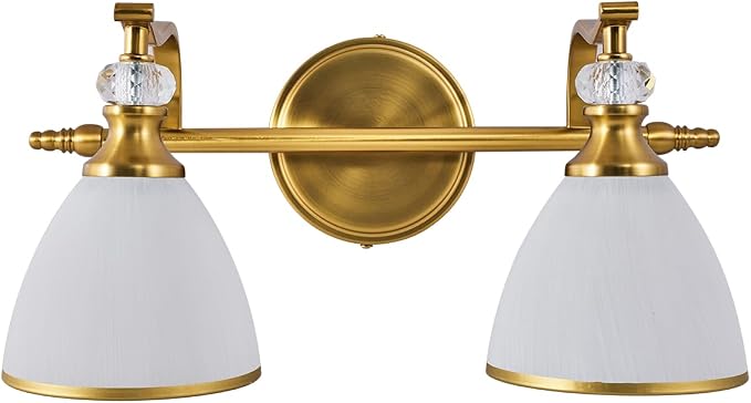 Gold Vanity Light, 2-Light Brushed Gold Bathroom Light Fixtures, Vintage Bathroom Light with Milky White Bell Glass Shades, Eye-Friendly Wall Sconce for Mirror, Kitchen, Bedroom, Hallway
