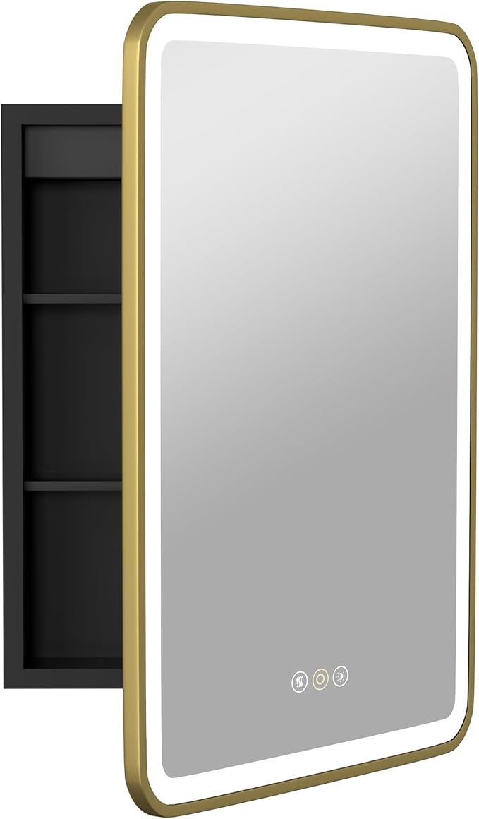 Medicine Cabinet with LED Lights and Mirror, 16W x 28H Inch Wall or Recessed Mounted Bathroom Cabinet with Right Hinge, Storage Shelf, Defogger, Memory Function, 3-Color Mode, Dimmer, Gold
