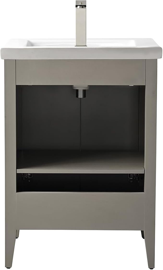 Vanity Art 24 inch Bathroom Vanity with Single Sink & Ceramic Top, Vanity Cabinet with Soft-Closing Door, Solid Wood Frame, Linear Pattern, Driftwood Gray, VA9124-DG-MB,Matte Black Handles
