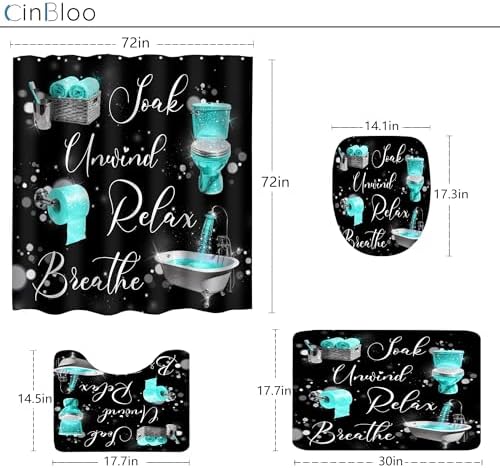 Teal Black Funny Quotes Positive 4Pcs Bathroom Shower Curtain Set with Rugs