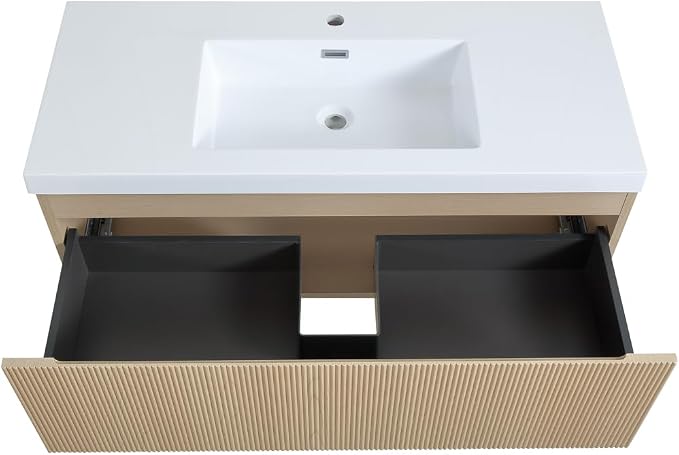 42 Inch Floating Bathroom Vanity with Sink, Wall-Mounted Striped Storage Cabinet with Soft-Close Drawer, Glossy White Solid Surface Basin, Fully Assembled, Natural Oak Finish